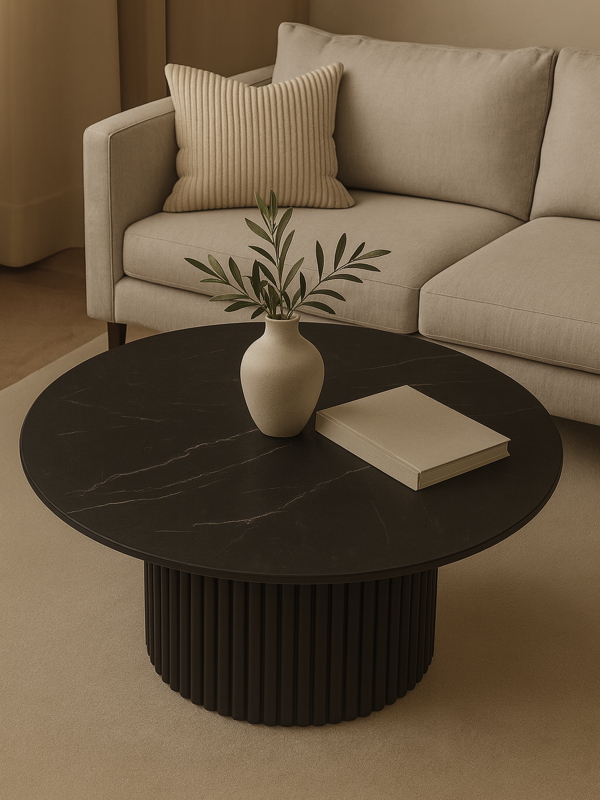 Mesa redonda negra con tablero de piedra y base acanalada