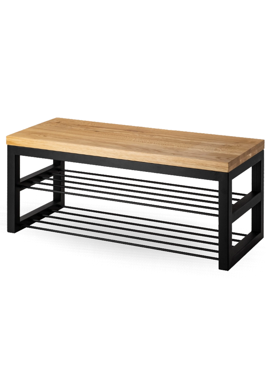 Un banco con tapa de madera y base de acero de estilo loft