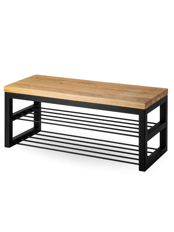 Bank mit Holzplatte und Metallgestell im industriellen Stil