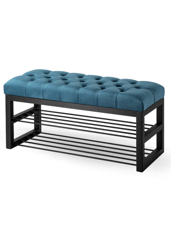 Banco de estilo industrial con mechones azules y estantes de metal