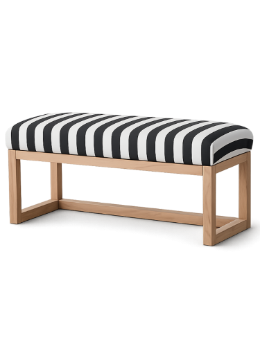 Gepolsterte Bank in schwarz-weißen Streifen mit Holzrahmen und einer Ablage