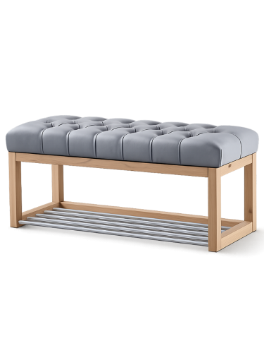 Grau gesteppte Bank mit hellem Holzrahmen und einer Ablage