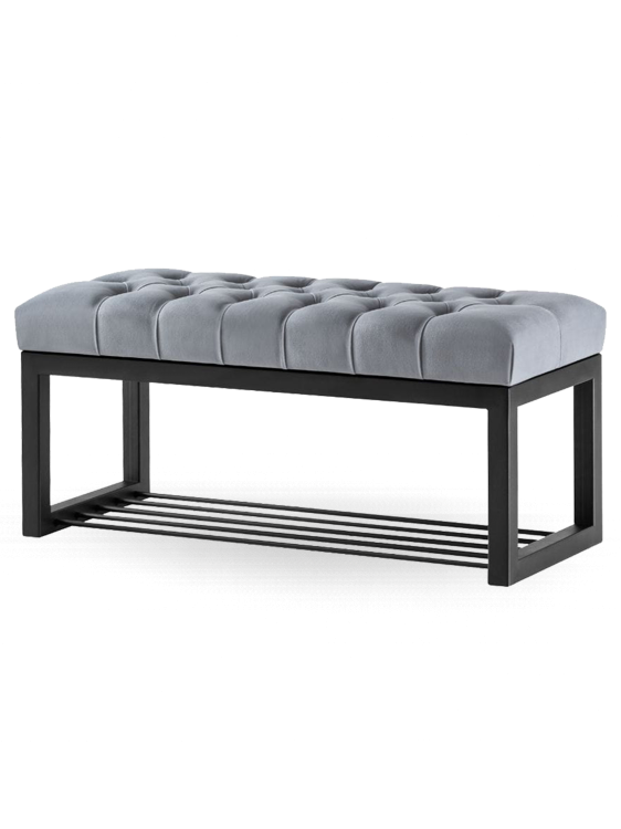 Gesteppte Bank in Grau mit Schuhregal aus Metall