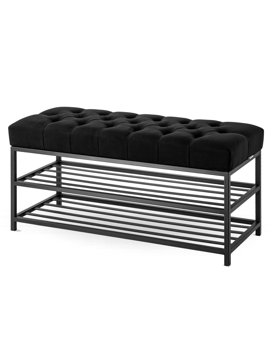 Banco industrial acolchado negro con estantes de metal