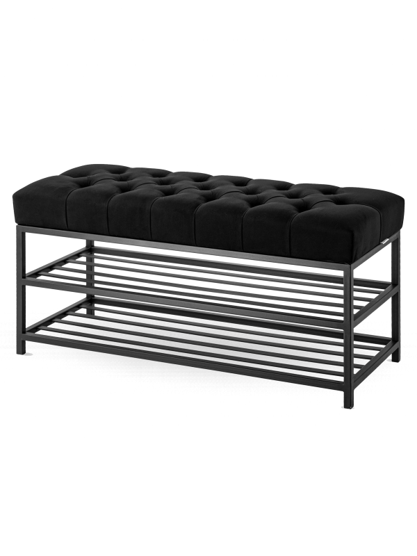 Banco industrial acolchado negro con estantes de metal