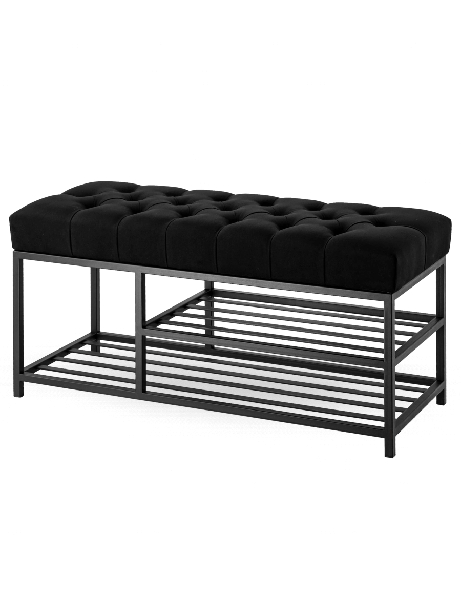 Banco industrial acolchado negro con estantes de metal