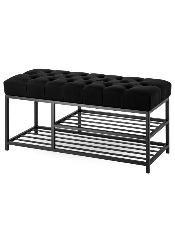 Banco industrial acolchado negro con estantes de metal
