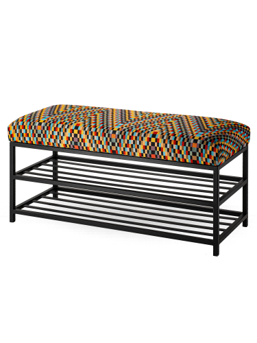 Farbige gepolsterte Bank mit Metallablagen