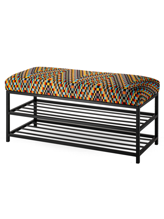 Farbige gepolsterte Bank mit Metallablagen