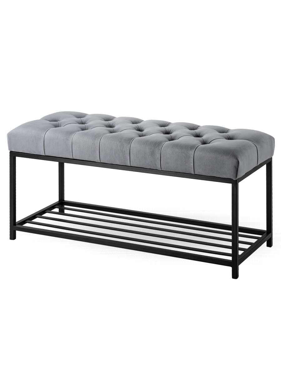 Banco industrial acolchado gris con estante de metal