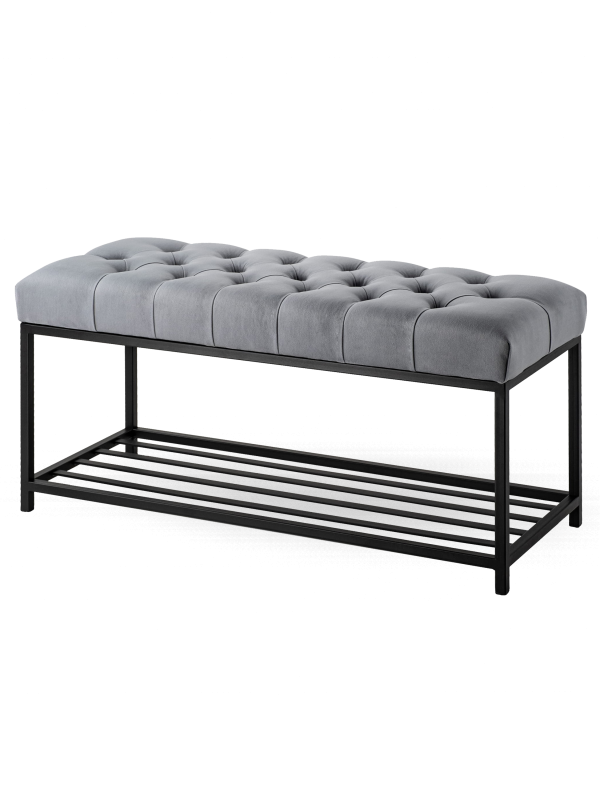 Banco industrial acolchado gris con estante de metal
