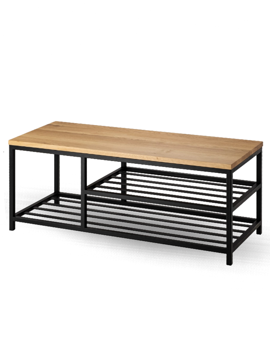 Un banco con tapa de madera y base de acero de estilo loft