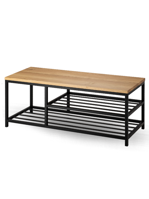 Un banco con tapa de madera y base de acero de estilo loft