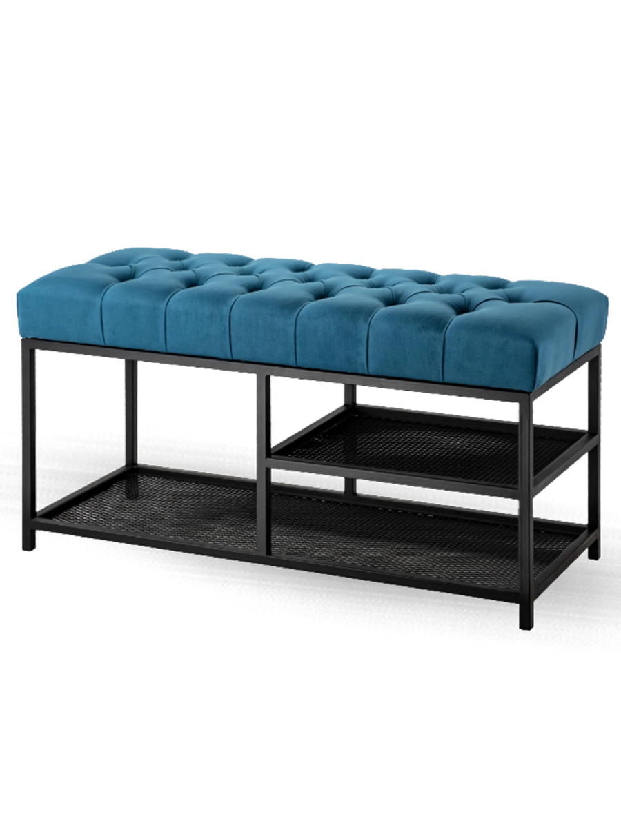 Banco de estilo industrial azul con mechones y estantes