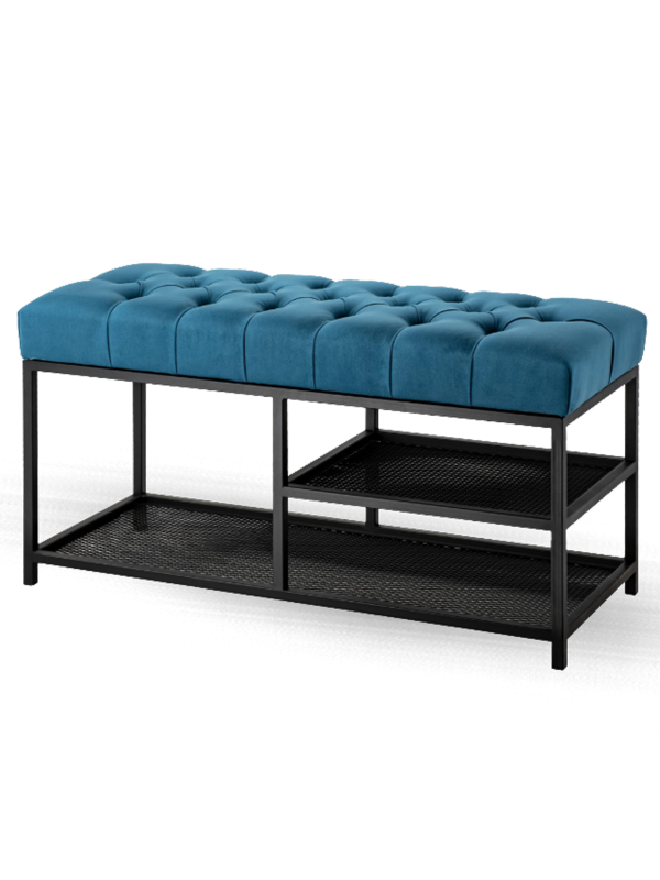 Banco de estilo industrial azul con mechones y estantes