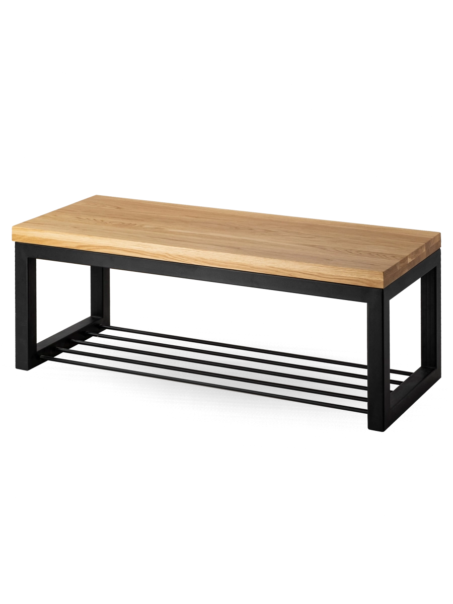 Banco industrial con tablero de madera y estante de metal