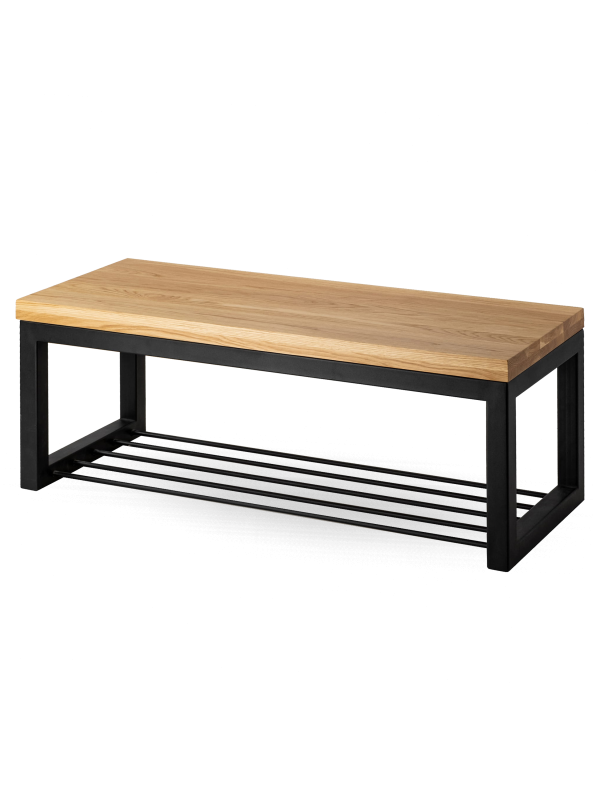 Banco industrial con tablero de madera y estante de metal