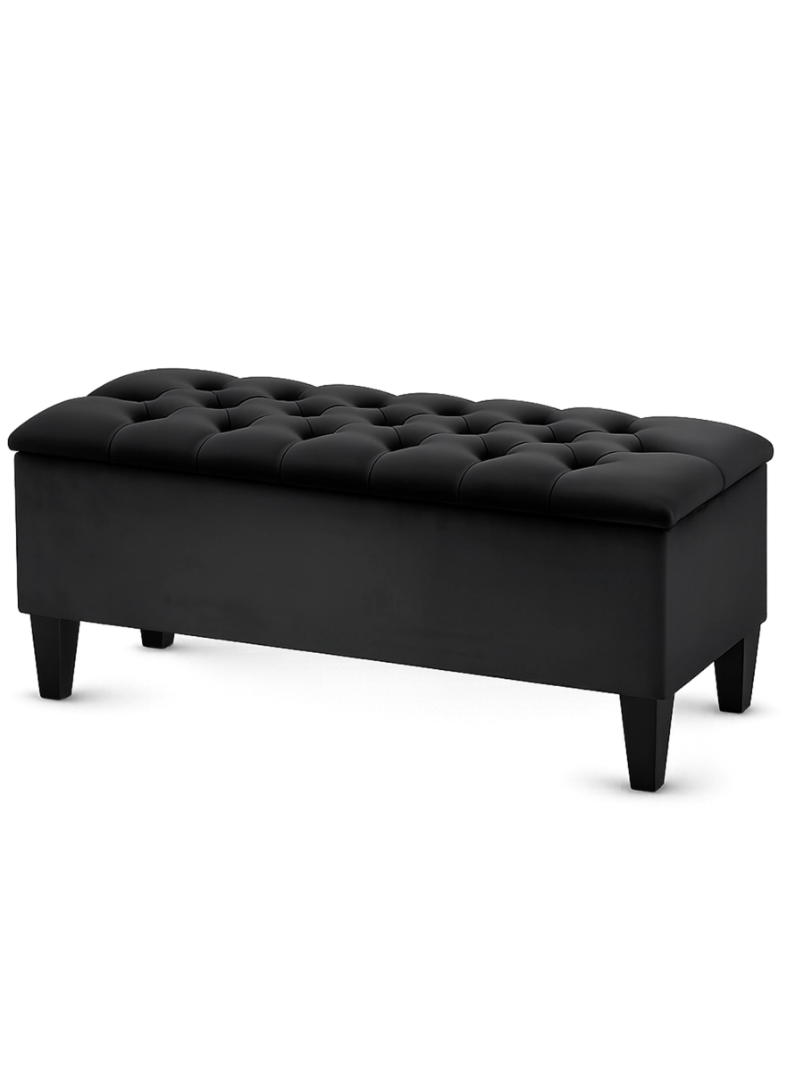 Elegante puf acolchado negro con almacenamiento, perfecto para una sala de estar o un dormitorio.