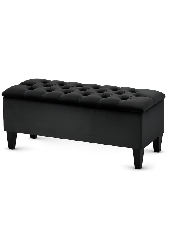 Elegante puf acolchado negro con almacenamiento, perfecto para una sala de estar o un dormitorio.