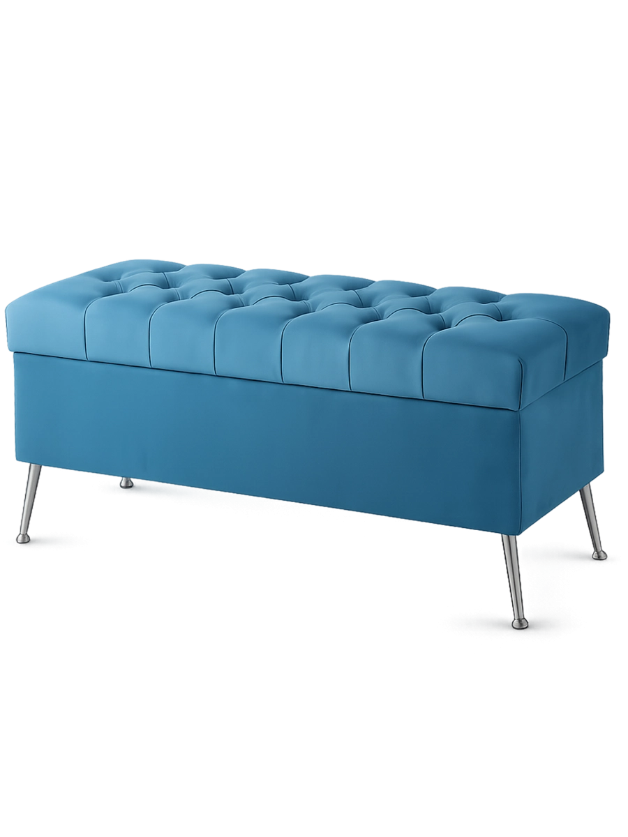 Elegante puf acolchado con contenedor en azul sobre patas delgadas