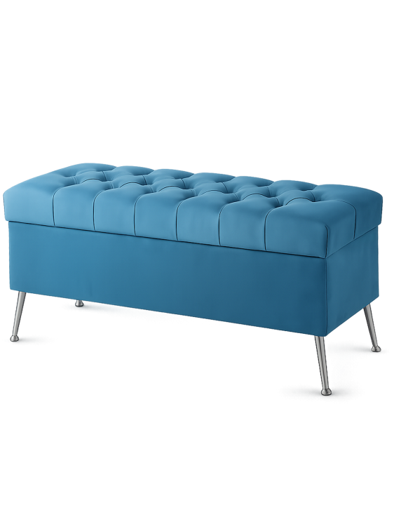 Moderner blauer Pouf mit Steppung und Stauraum, auf Metallbeinen stehend