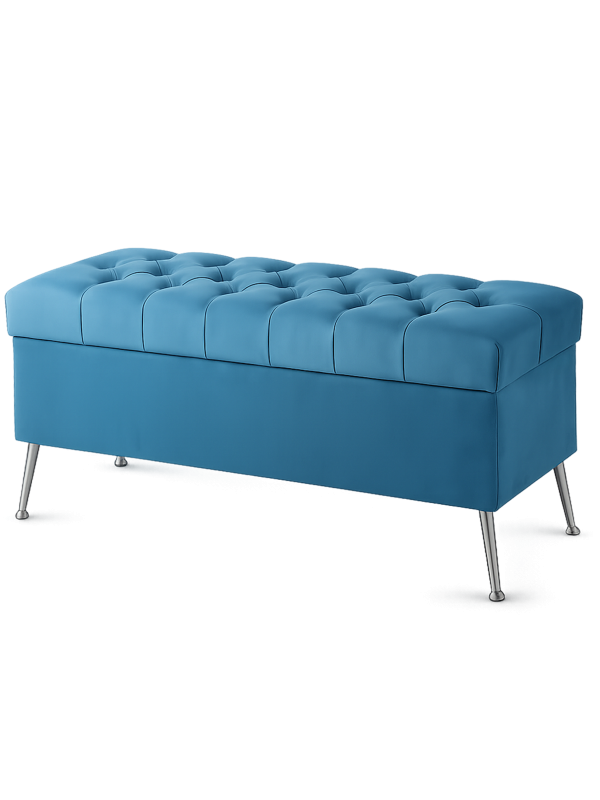Elegante puf acolchado con contenedor en azul sobre patas delgadas