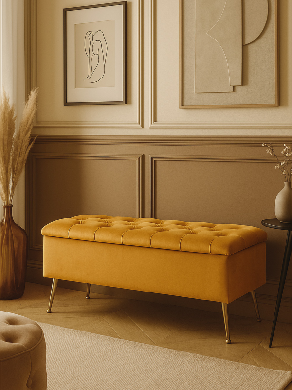 Puff acolchado con almacenaje en color papaya, un mueble elegante y práctico para el interior