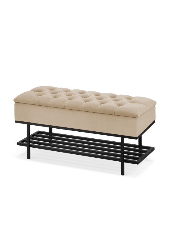 Gesteppte Bank mit Regal in Latte und schwarzem Metallgestell für Flur oder Schlafzimmer