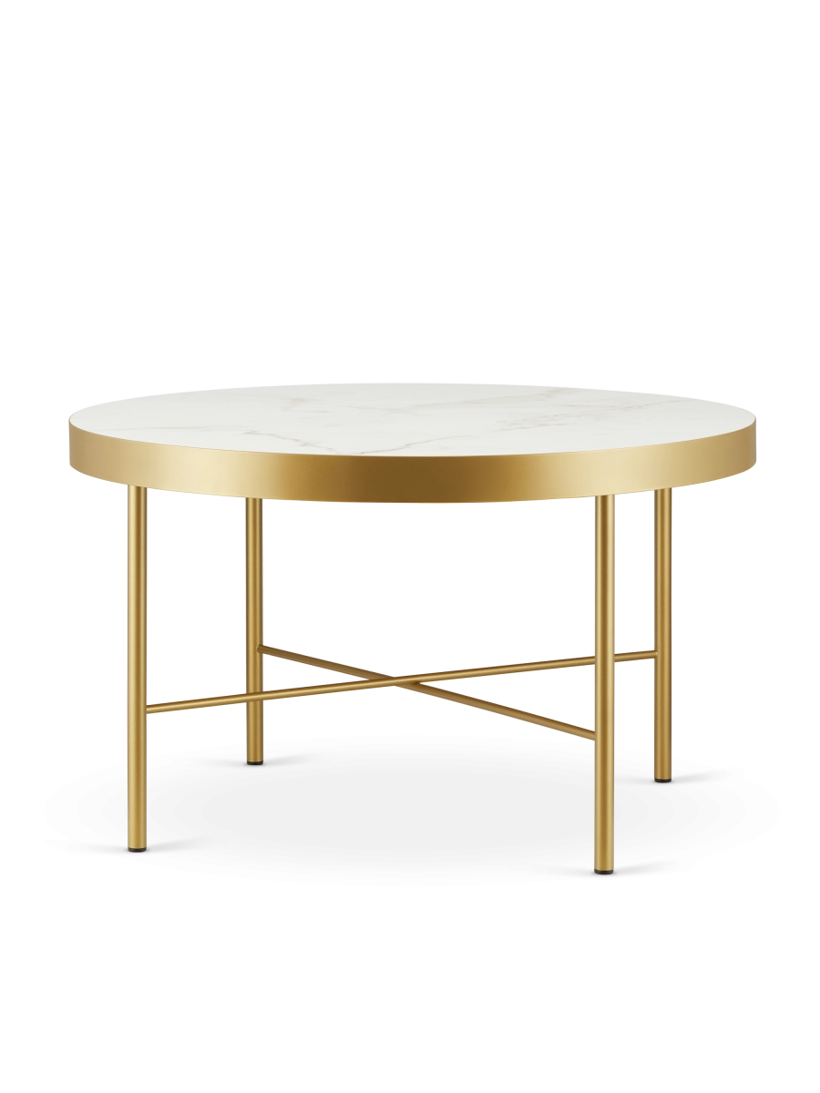 Elegante mesa de centro redonda con tapa de mármol y base dorada