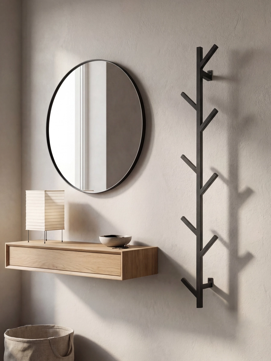 colgador vertical de acero para pared de pasillo con banco gris para zapatos