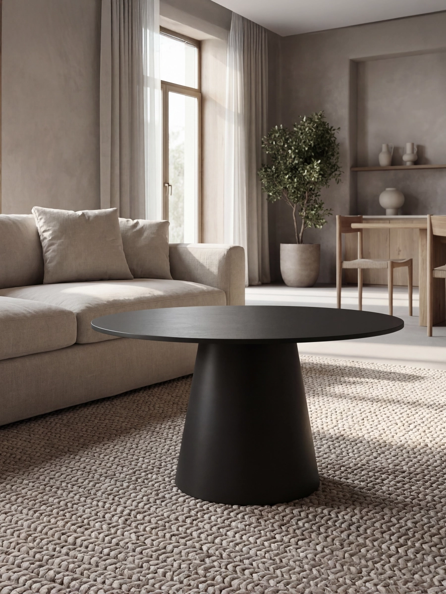 Mesa de centro negra con tapa de piedra y base redonda de acero para un interior elegante