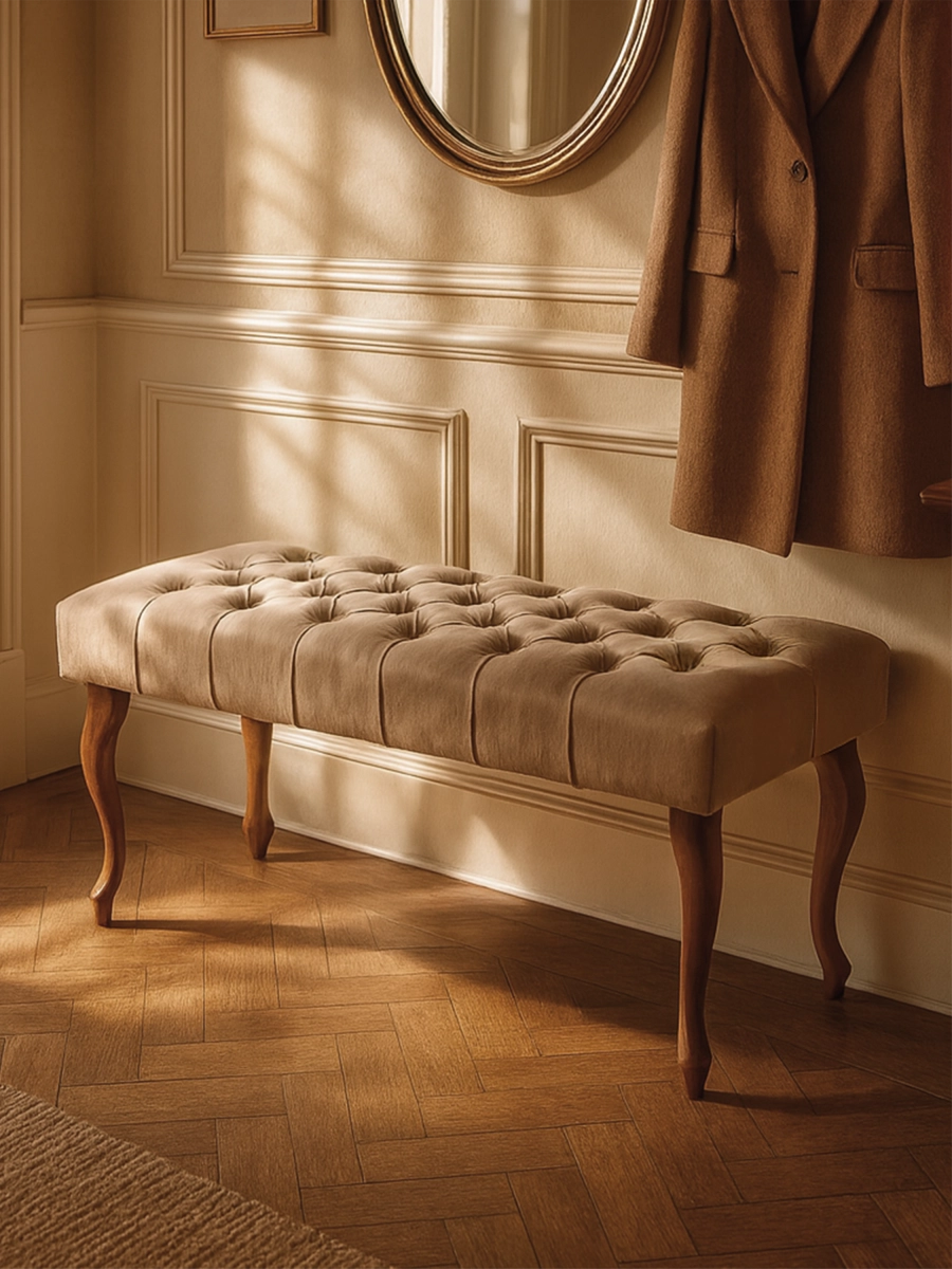Banco acolchado color café con leche: un mueble elegante y cálido para el salón, el dormitorio o el pasillo