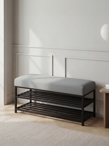 Banco industrial gris con patas metálicas negras