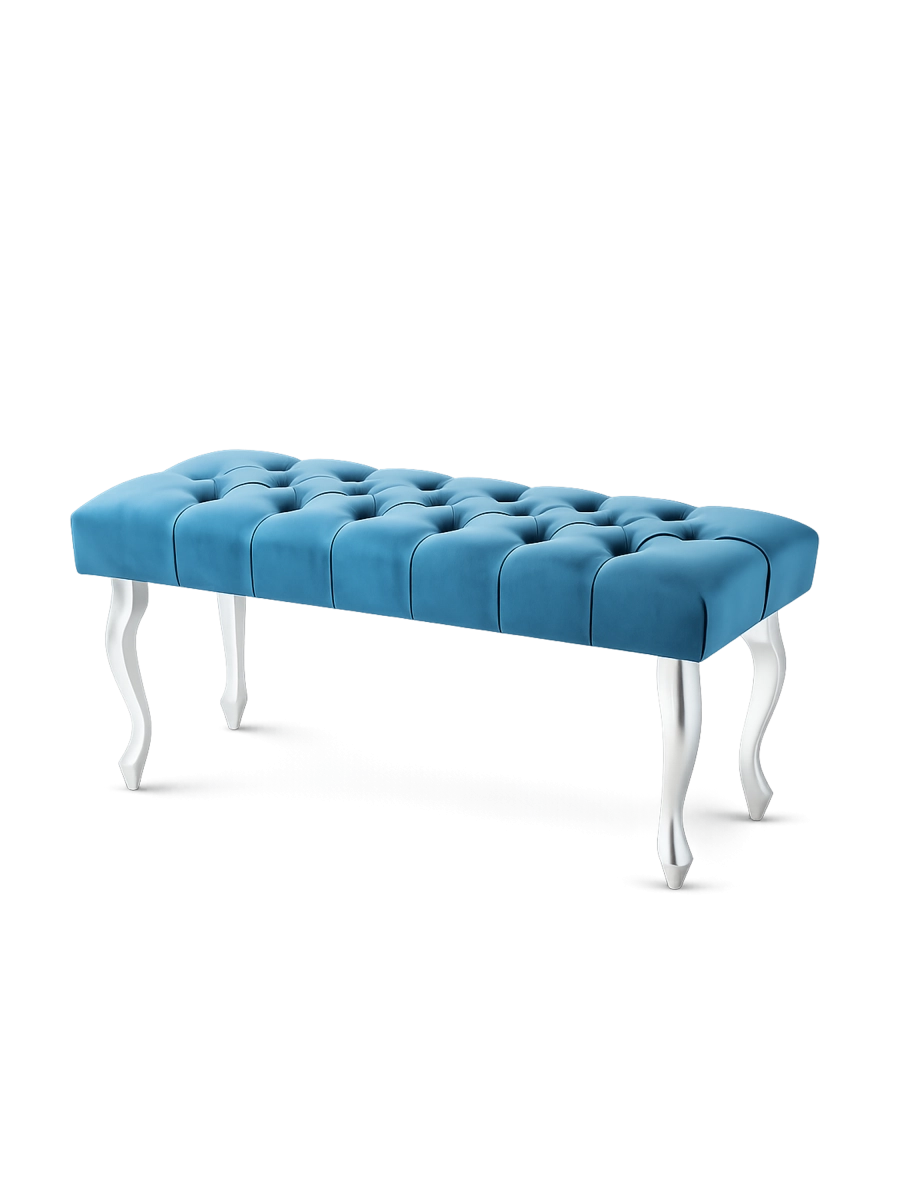 Elegante banco capitoné turquesa con patas de metal plateado