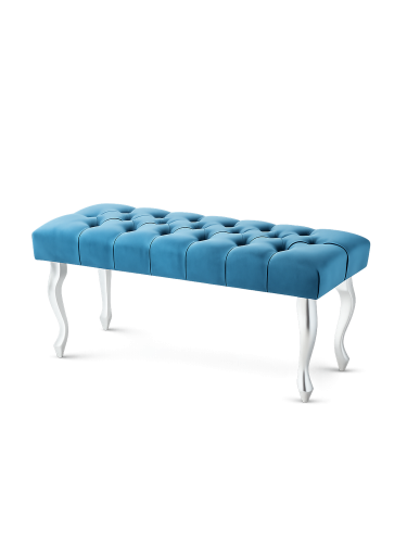 Elegante banco capitoné turquesa con patas de metal plateado