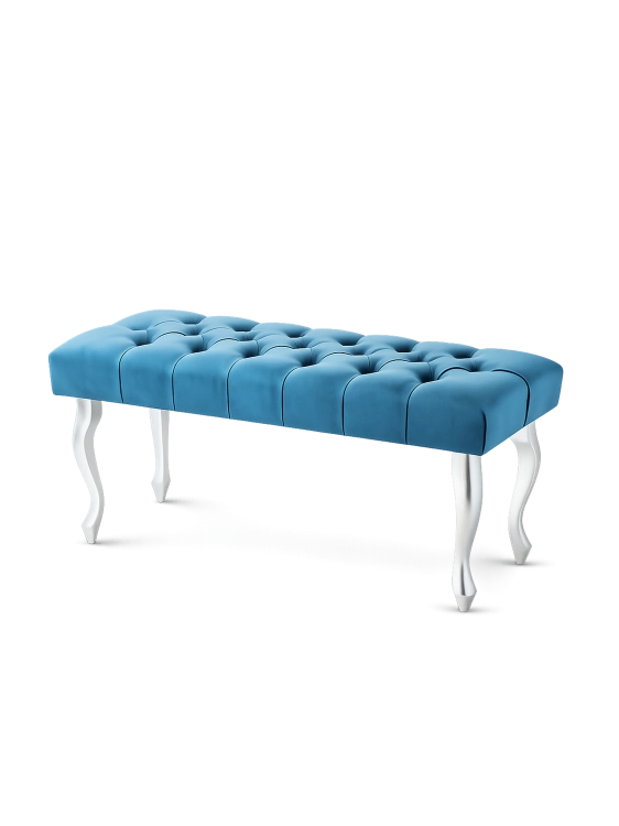 Elegante banco capitoné turquesa con patas de metal plateado
