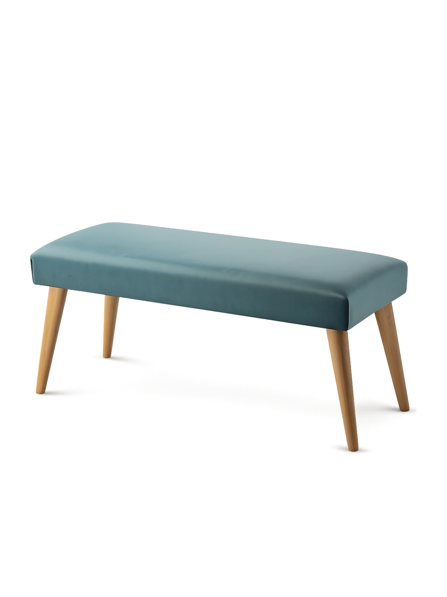 Elegante banco de color menta con tapicería y base de madera, perfecto para la sala de estar o el recibidor.