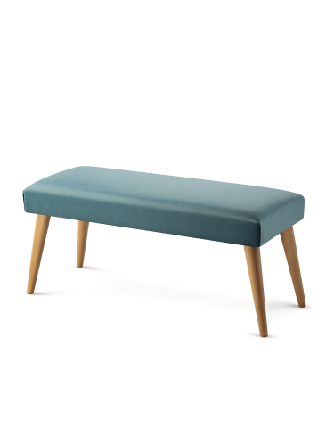 Elegante banco de color menta con tapicería y base de madera, perfecto para la sala de estar o el recibidor.