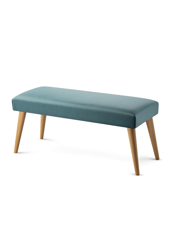 Elegante banco de color menta con tapicería y base de madera, perfecto para la sala de estar o el recibidor.