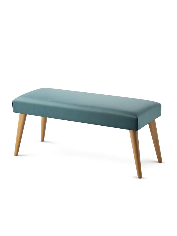 Elegante banco de color menta con tapicería y base de madera, perfecto para la sala de estar o el recibidor.