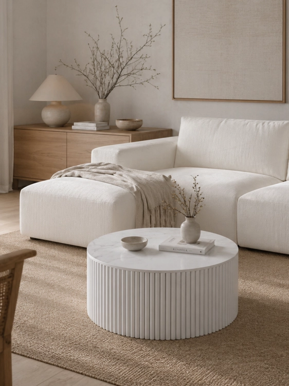 una mesita moderna de color blanco con una base estriada y un tablero de piedra