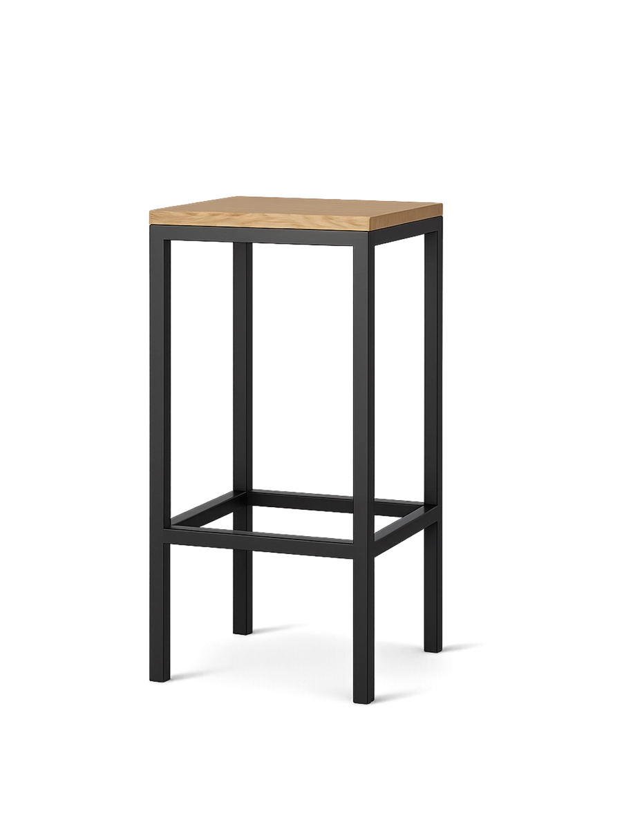 hocker metálico con asiento de madera