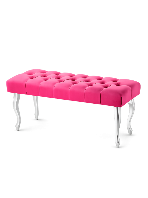 Elegante banco capitoné de un vibrante color fucsia con patas plateadas.
