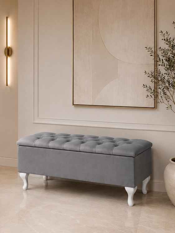baúl de almacenamiento acolchado gris con asiento elevable