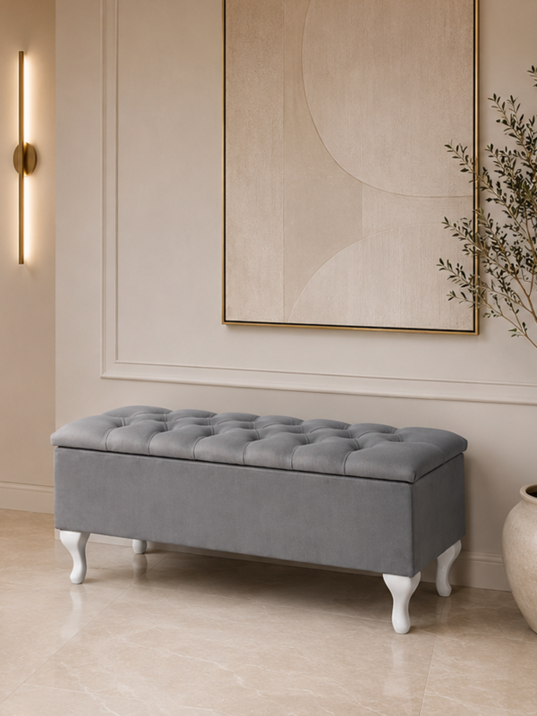 baúl de almacenamiento acolchado gris con asiento elevable