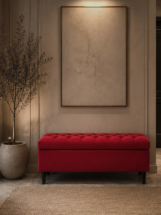 Baúl rojo acolchado con apertura, mueble de almacenaje elegante y práctico