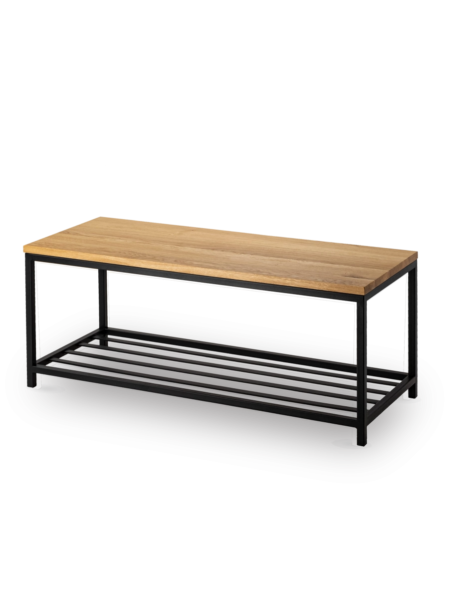 Banco de metal con zapatero y tablero de madera, ideal para interiores tipo loft