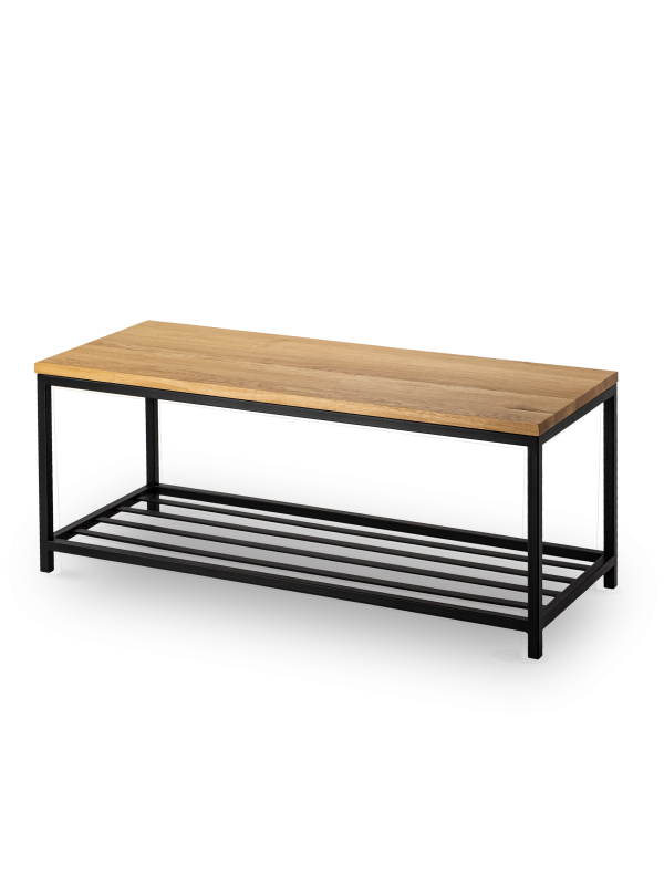 Banco de metal con zapatero y tablero de madera, ideal para interiores tipo loft