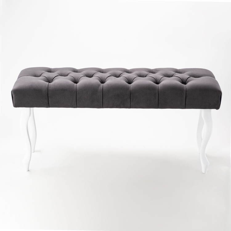 Elegante banco acolchado de color antracita con patas blancas