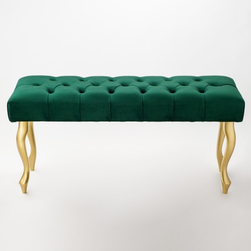 Banco capitoné verde botella con patas doradas